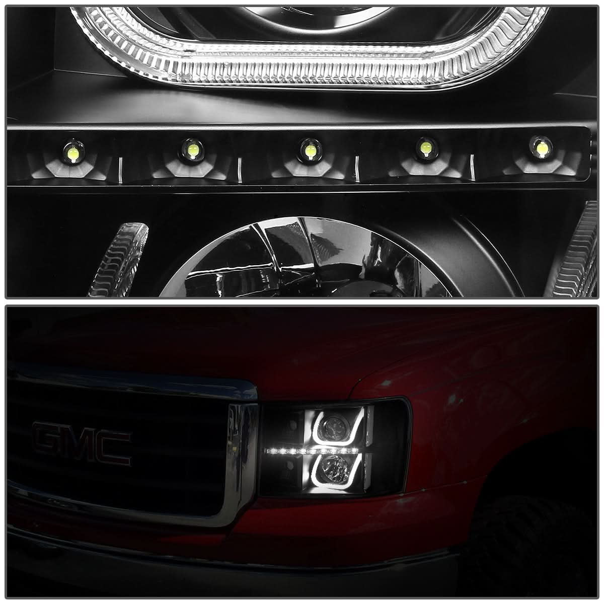 2007-2013 GMC Sierra LED U-Bar Halo Projector Headlights Black