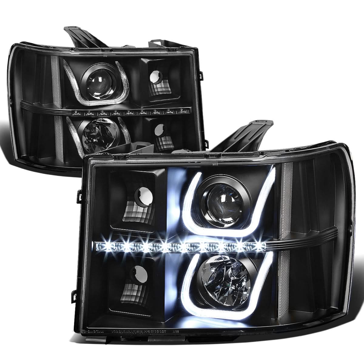 2007-2013 GMC Sierra LED U-Bar Halo Projector Headlights Black