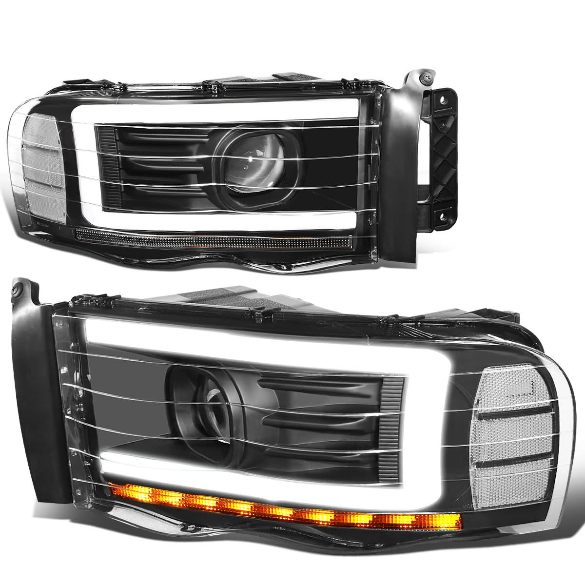 02-05 Dodge Ram LED DRL Projector Headlights Black Housing Clear Corner