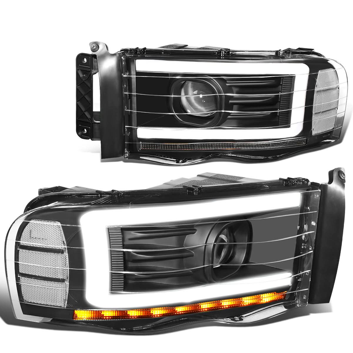 02-05 Dodge Ram LED DRL Projector Headlights Black Housing Clear Corner
