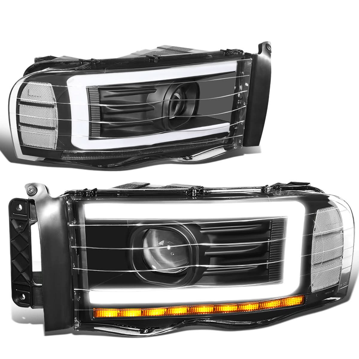 02-05 Dodge Ram LED DRL Projector Headlights Black Housing Clear Corner