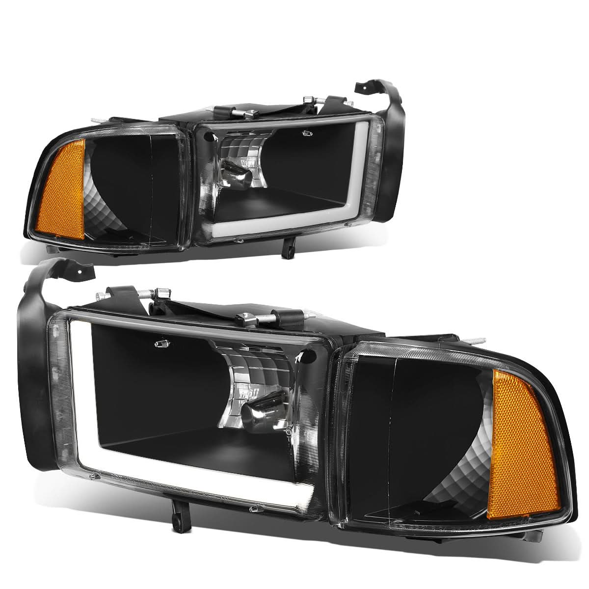 94-02 Dodge Ram LED DRL Headlights - Black Housing Amber Corner
