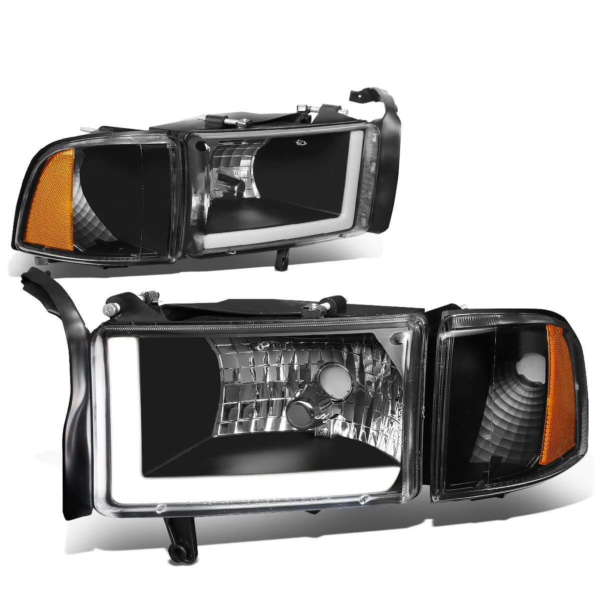 94-02 Dodge Ram LED DRL Headlights - Black Housing Amber Corner