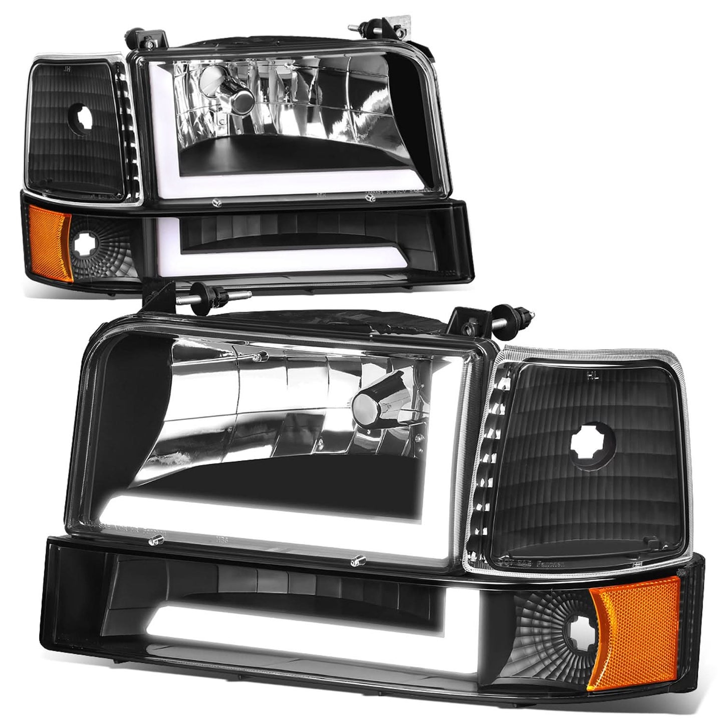 92-96 Ford F-150 F-250 F-350 Bronco Dual LED DRL Headlights Black
