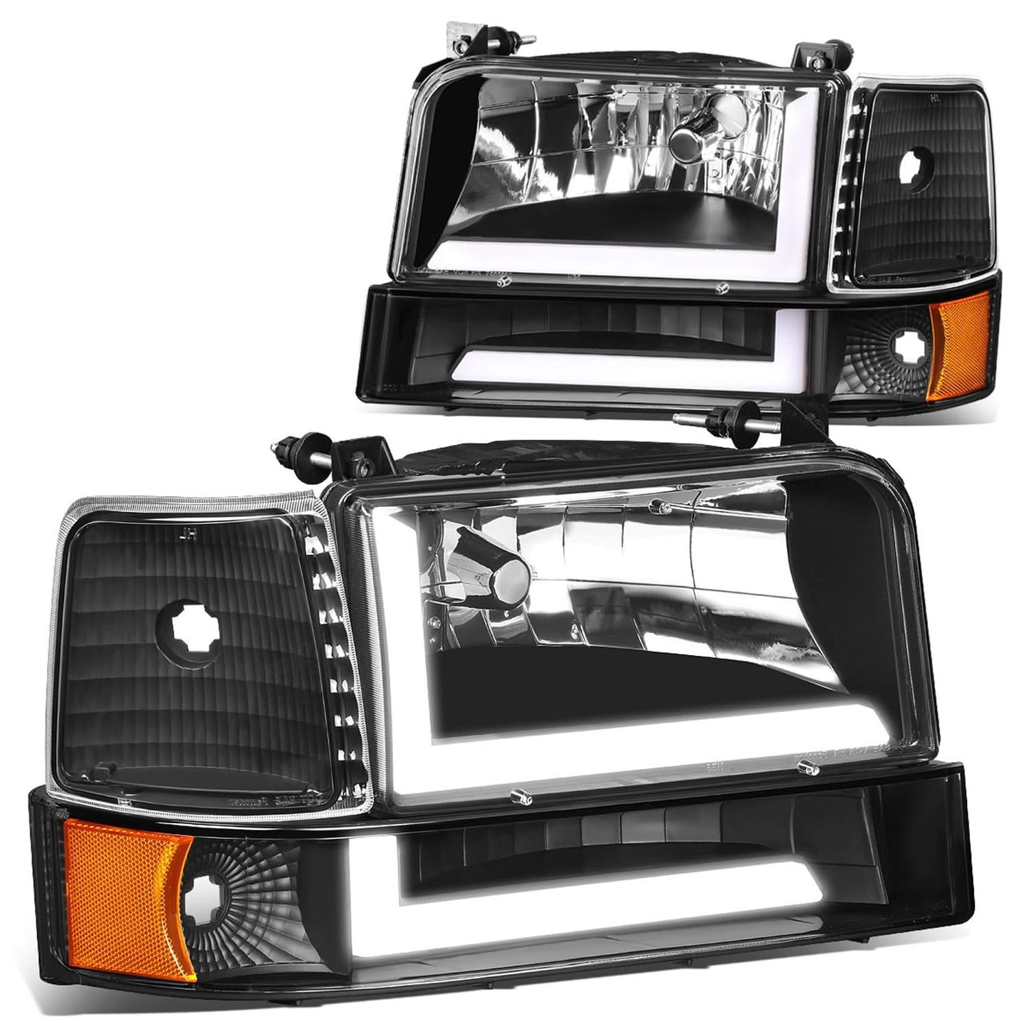 92-96 Ford F-150 F-250 F-350 Bronco Dual LED DRL Headlights Black