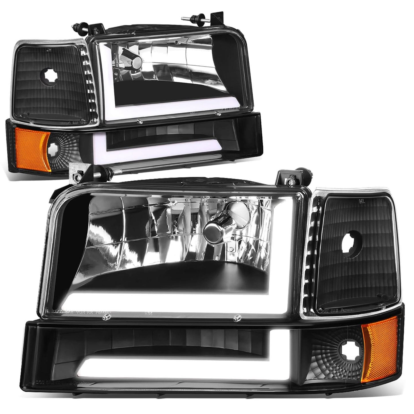 92-96 Ford F-150 F-250 F-350 Bronco Dual LED DRL Headlights Black