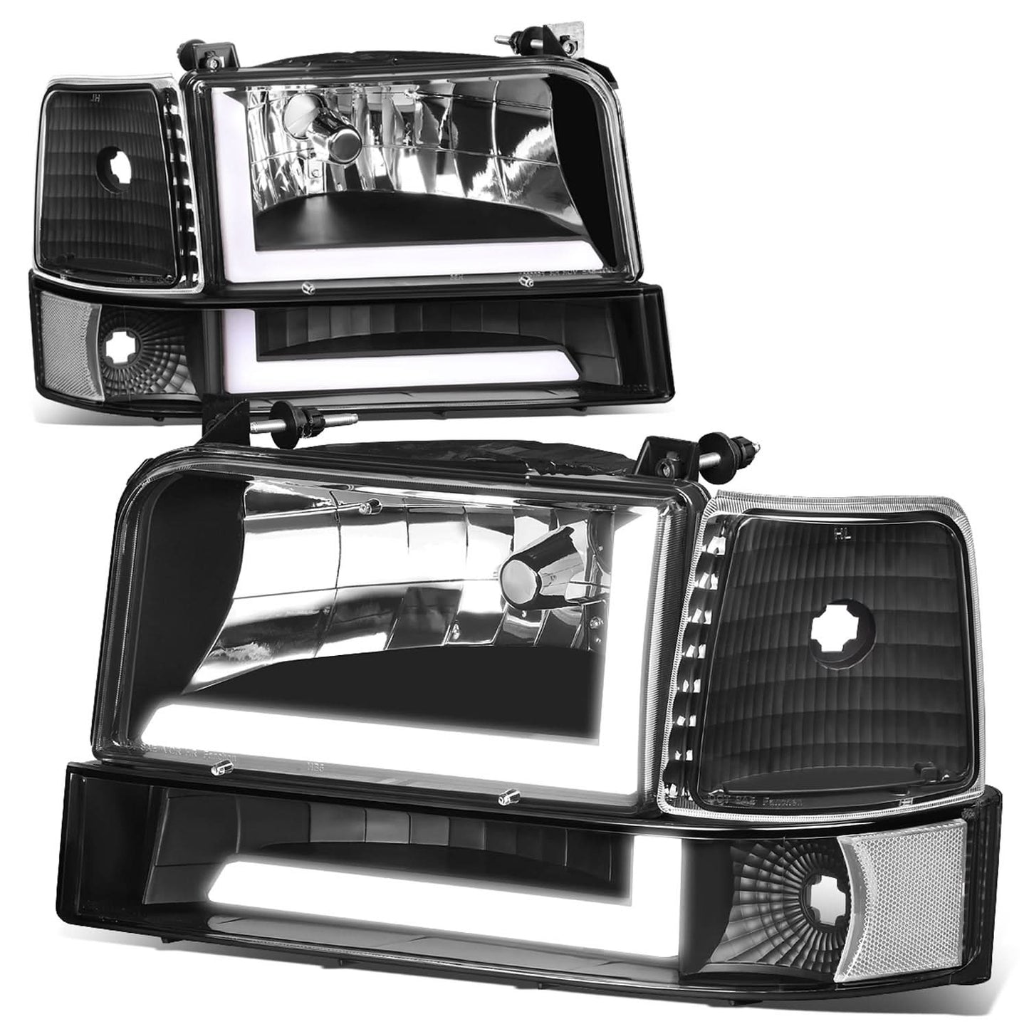 92-96 Ford F-150 F-250 F-350 Bronco Dual LED DRL Headlights Black
