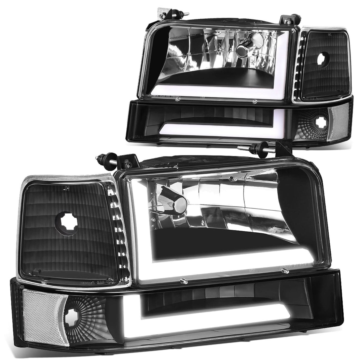 92-96 Ford F-150 F-250 F-350 Bronco Dual LED DRL Headlights Black
