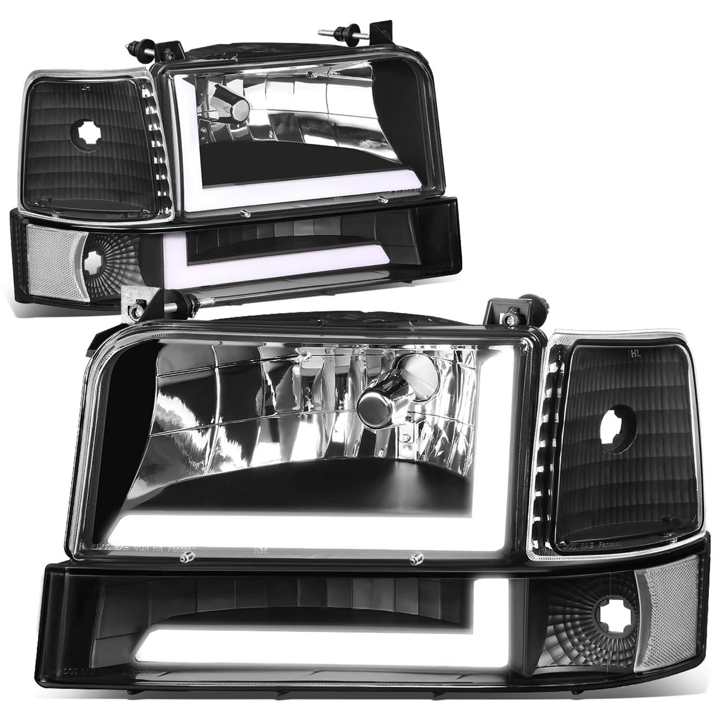 92-96 Ford F-150 F-250 F-350 Bronco Dual LED DRL Headlights Black