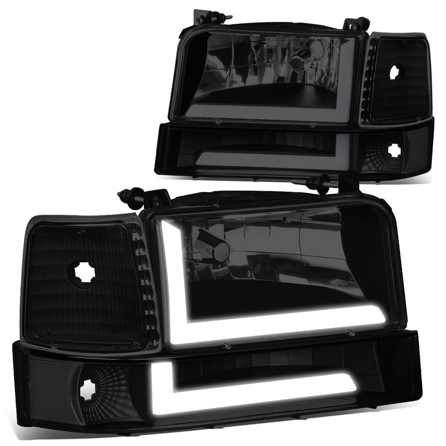 92-96 Ford F-150 F-250 F-350 Bronco Dual LED DRL Headlights Black