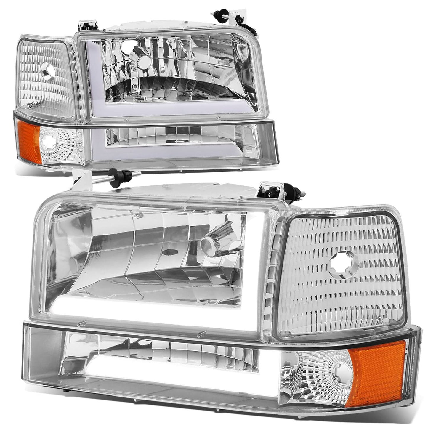 92-96 Ford F-150 F-250 F-350 Bronco Dual LED DRL Headlights Chrome