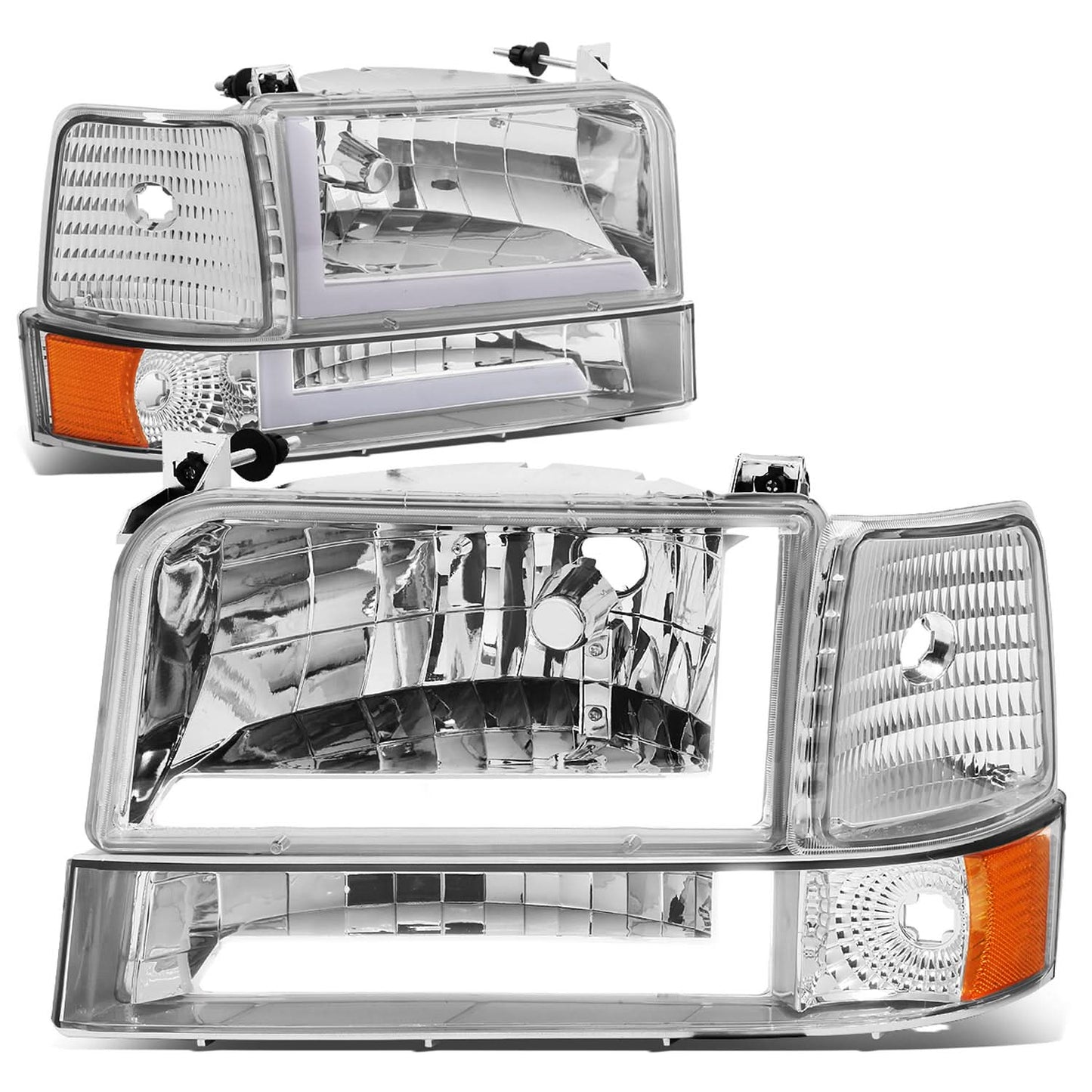 92-96 Ford F-150 F-250 F-350 Bronco Dual LED DRL Headlights Chrome