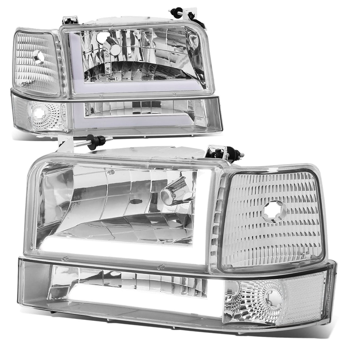 92-96 Ford F-150 F-250 F-350 Bronco Dual LED DRL Headlights Chrome
