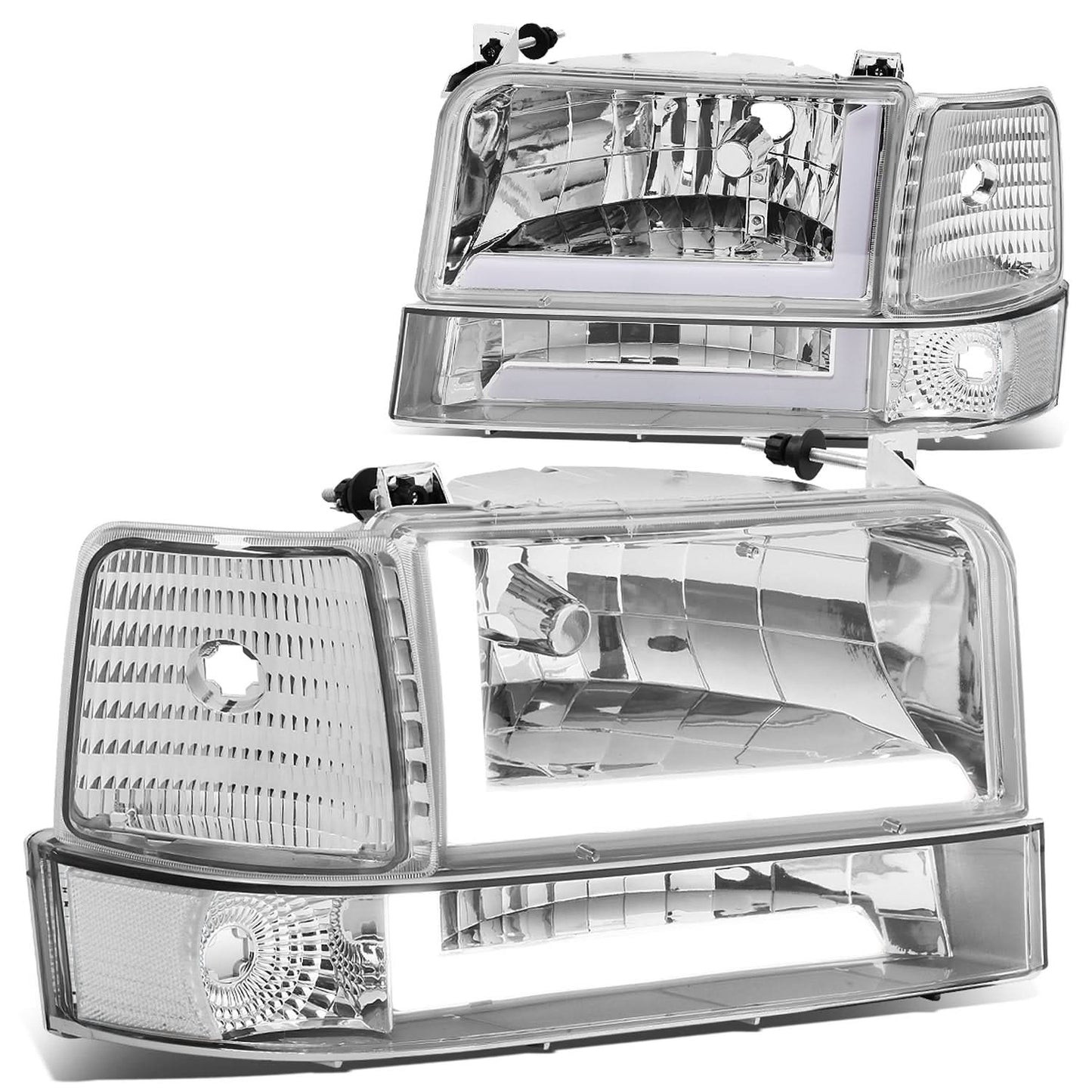 92-96 Ford F-150 F-250 F-350 Bronco Dual LED DRL Headlights Chrome