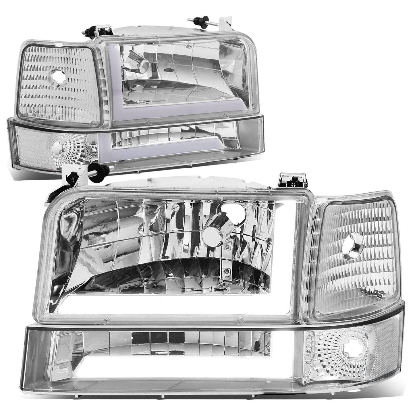 92-96 Ford F-150 F-250 F-350 Bronco Dual LED DRL Headlights Chrome