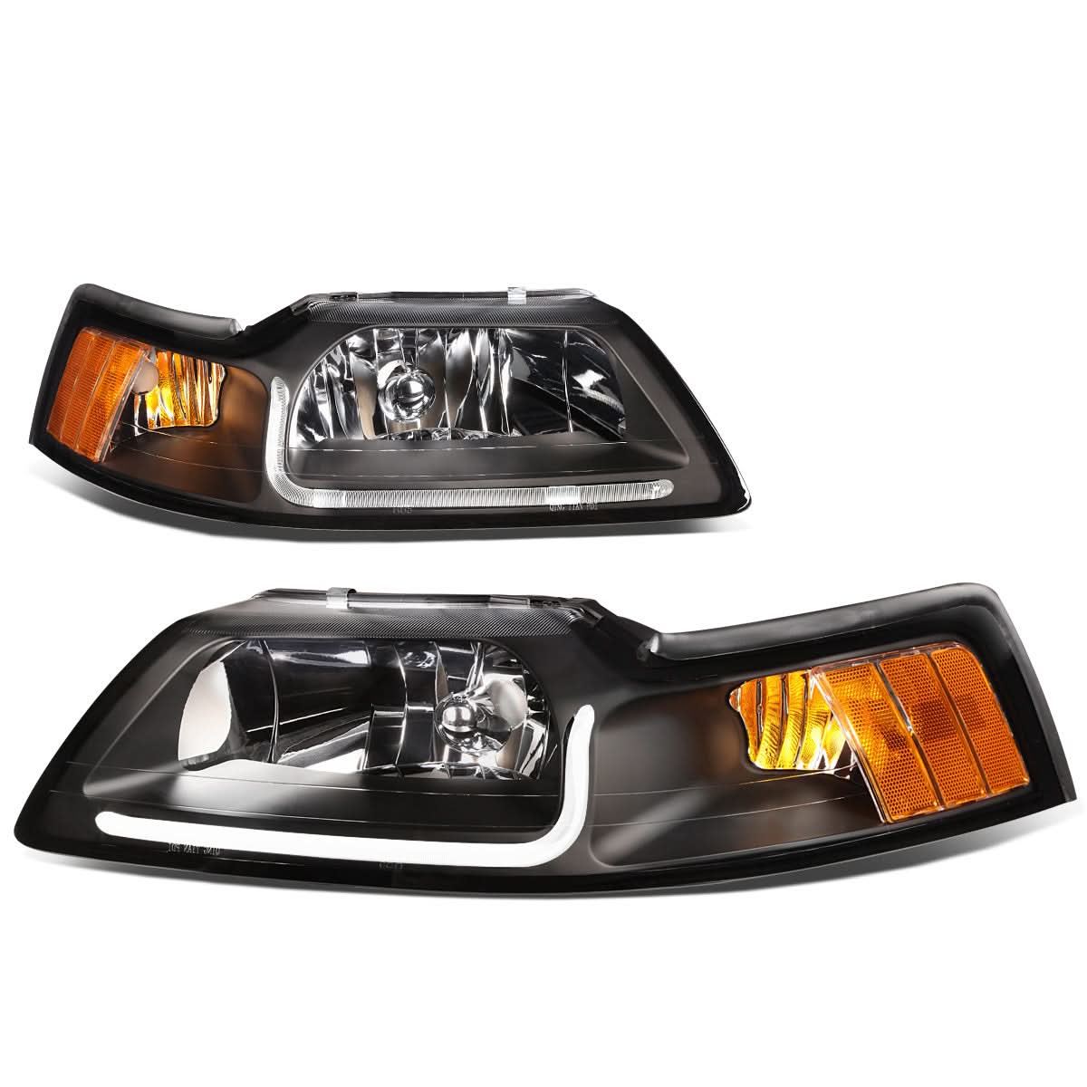 99-04 Ford Mustang LED DRL Headlights Black Housing Amber Corner