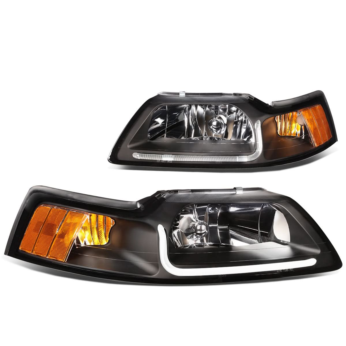 99-04 Ford Mustang LED DRL Headlights Black Housing Amber Corner