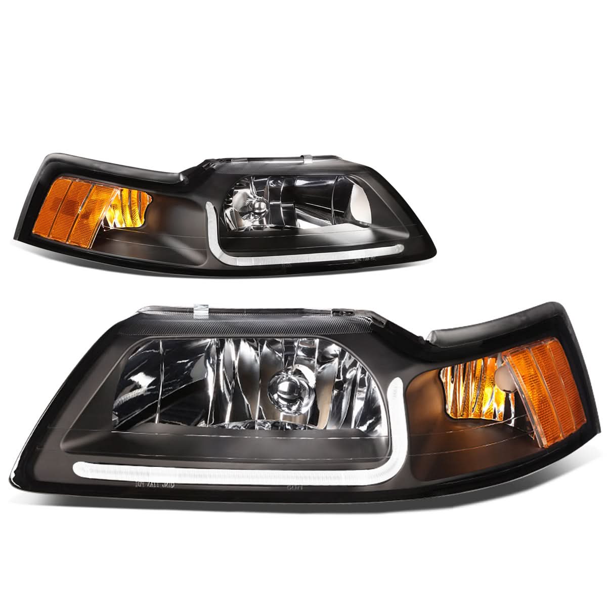 99-04 Ford Mustang LED DRL Headlights Black Housing Amber Corner
