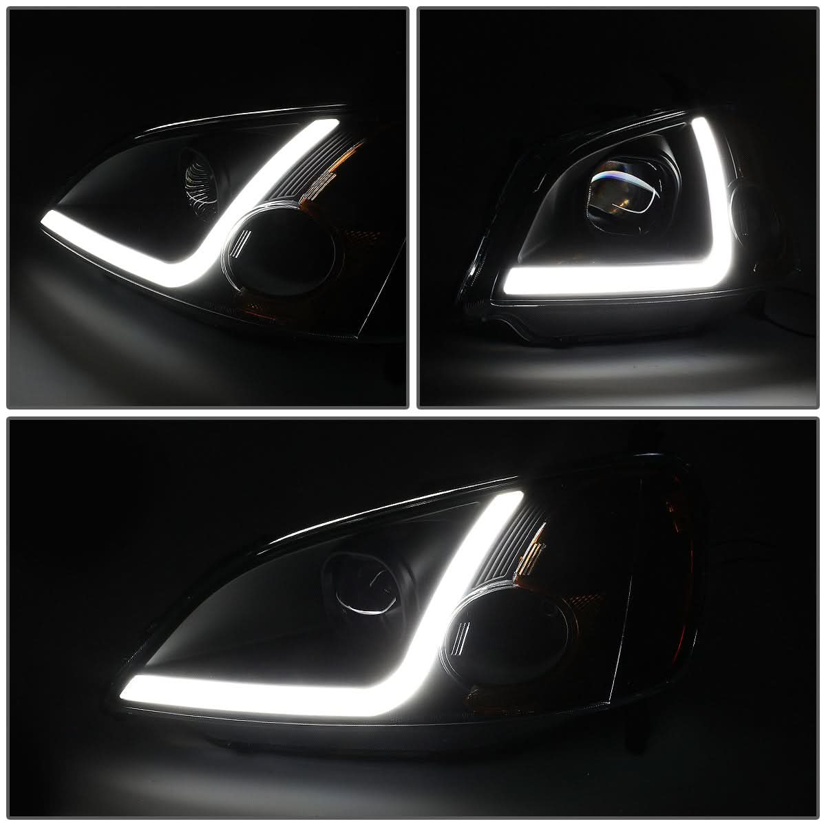 01-03 Honda Civic LED DRL Projector Headlights Black Housing