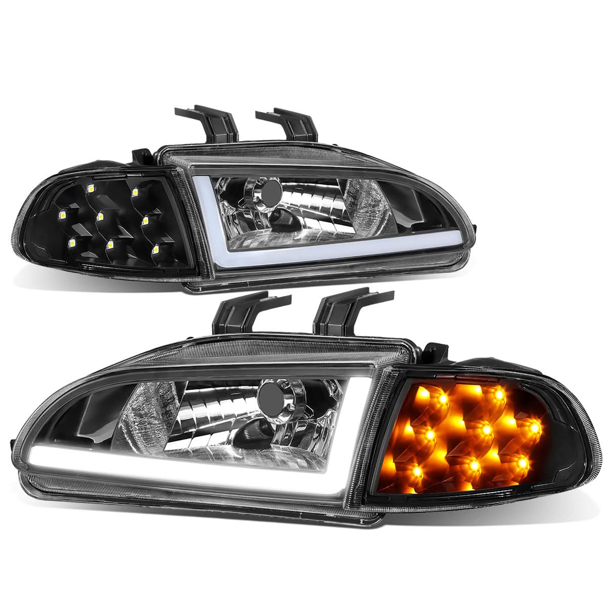 92-95 Honda Civic LED DRL Headlights Black Housing Clear Corner