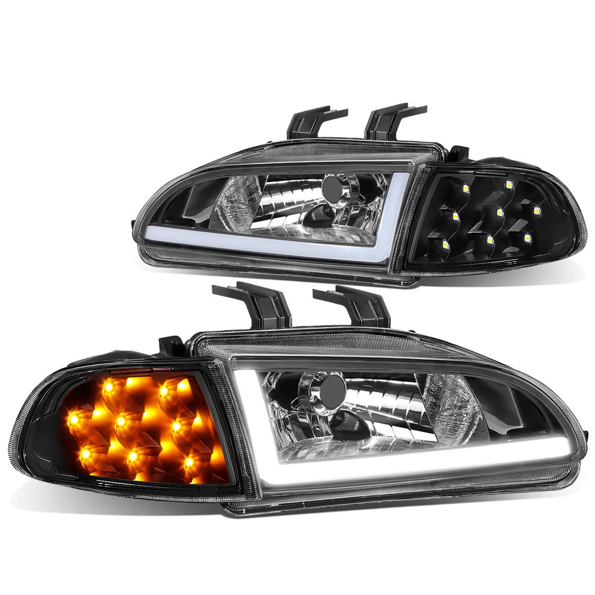 92-95 Honda Civic LED DRL Headlights Black Housing Clear Corner