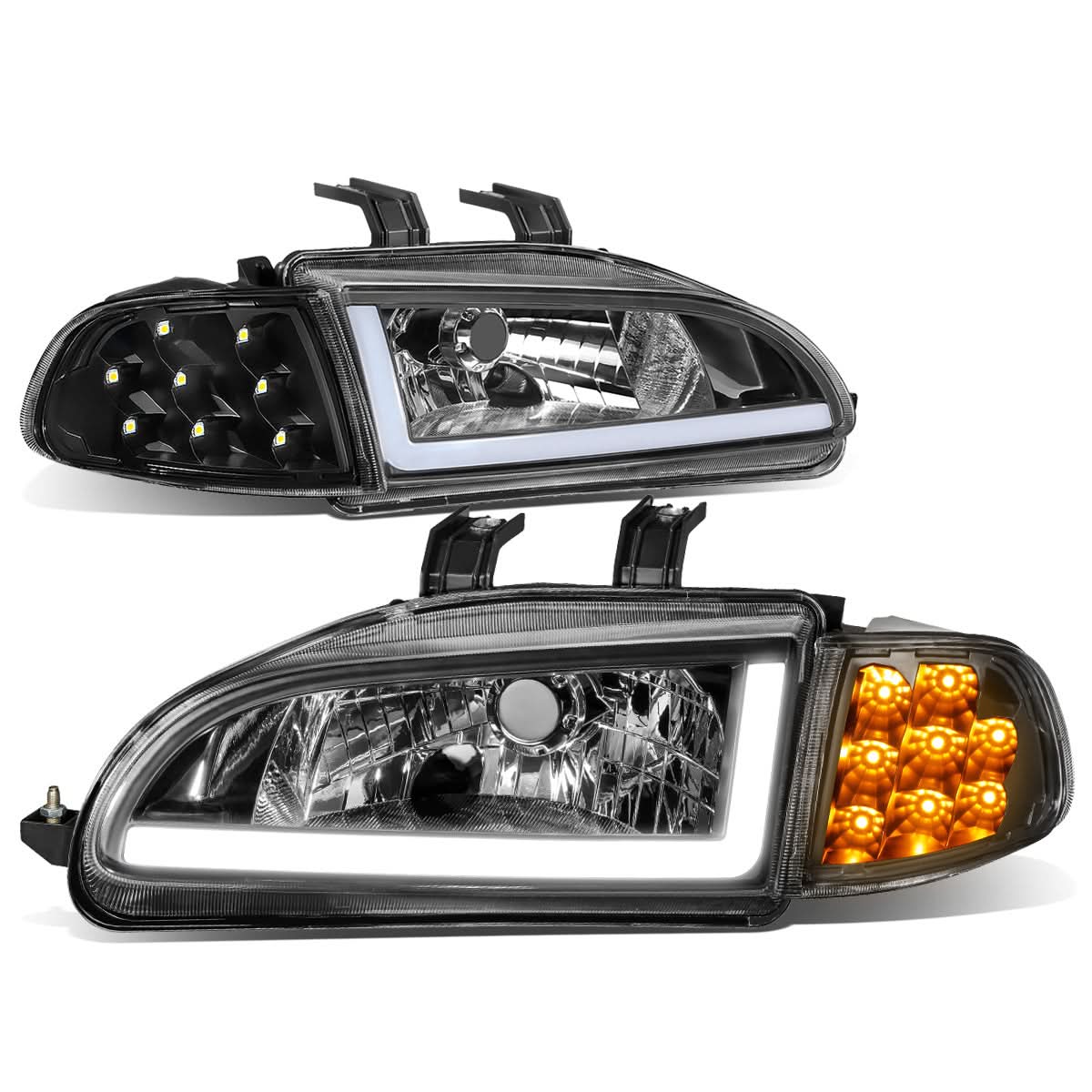 92-95 Honda Civic LED DRL Headlights Black Housing Clear Corner