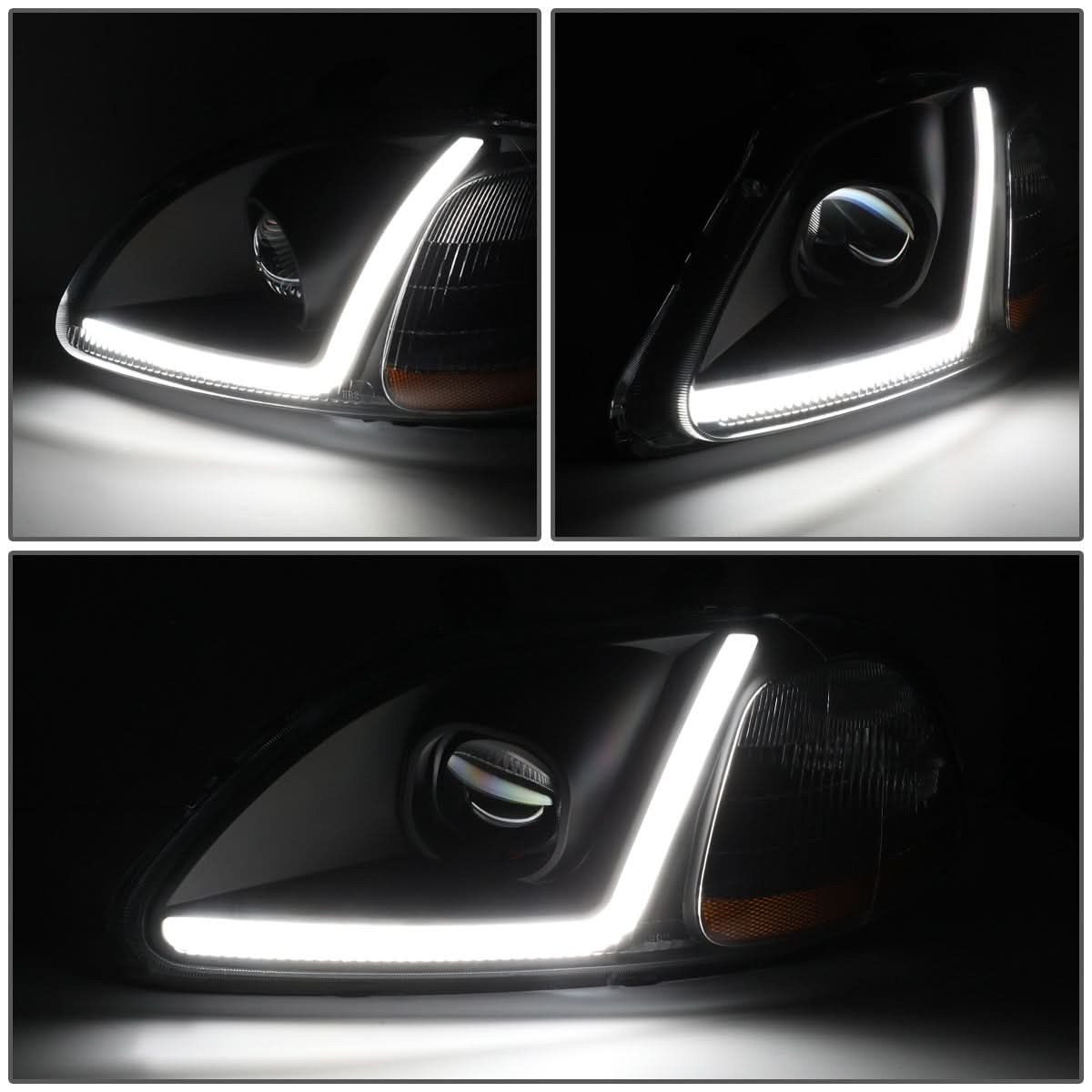 96-98 Honda Civic LED DRL Projector Headlights Black Housing