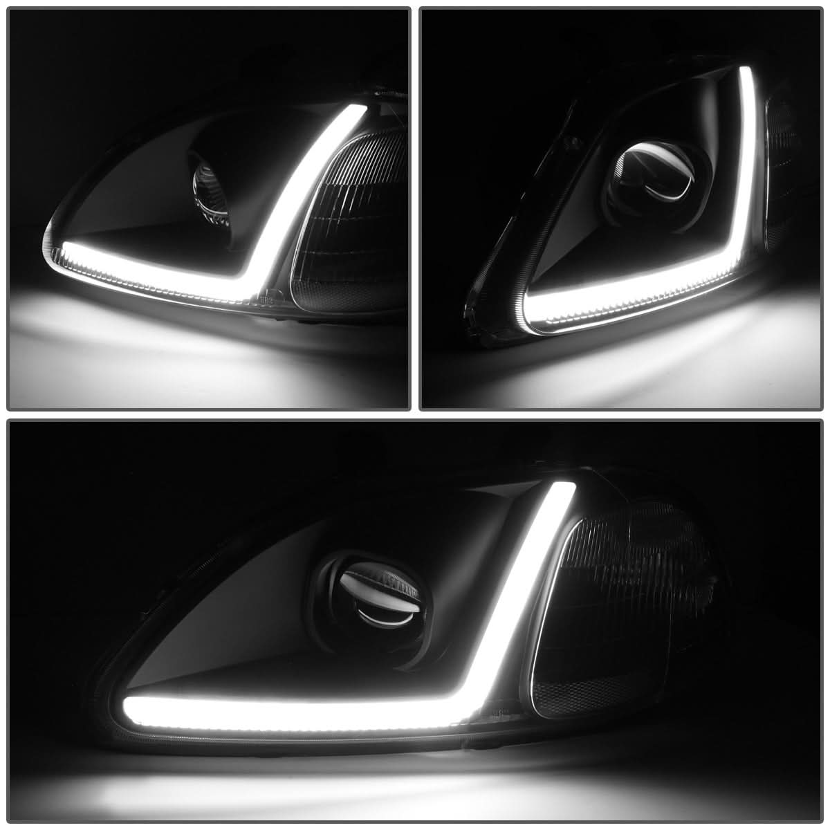 96-98 Honda Civic LED DRL Projector Headlights Black Housing
