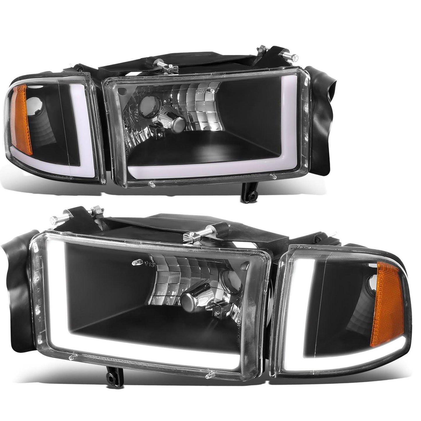94-02 Dodge Ram LED DRL Headlights - Black Housing Amber Corner