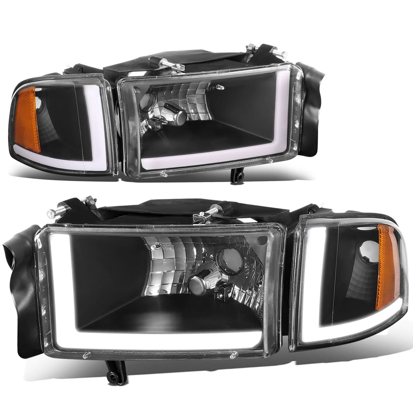 94-02 Dodge Ram LED DRL Headlights - Black Housing Amber Corner