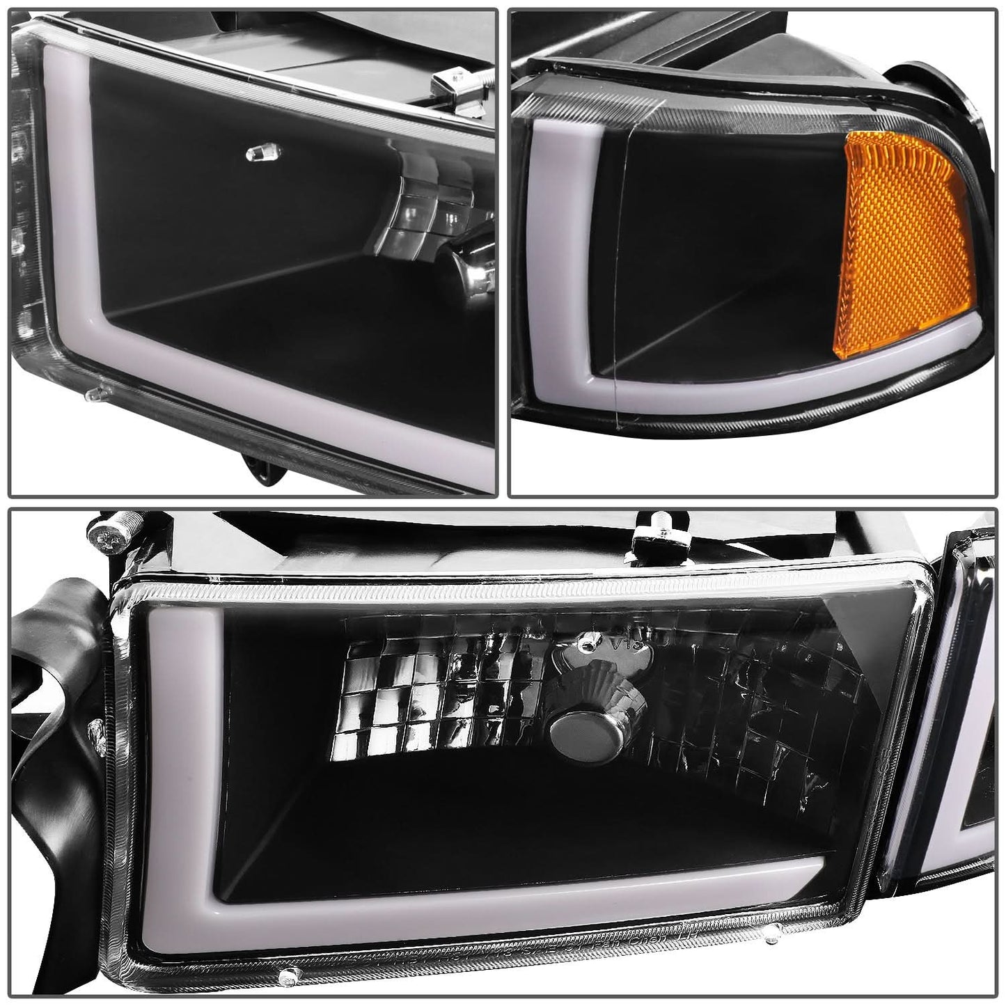 94-02 Dodge Ram LED DRL Headlights - Black Housing Amber Corner