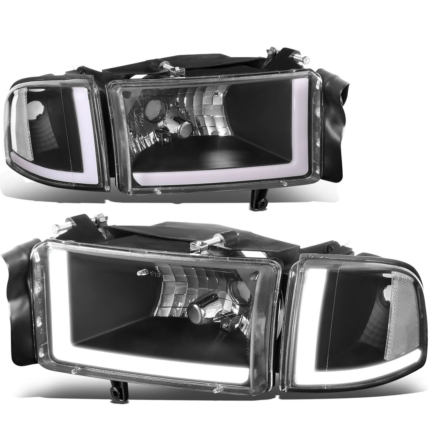 94-02 Dodge Ram LED DRL Headlights Black Housing Clear Corner