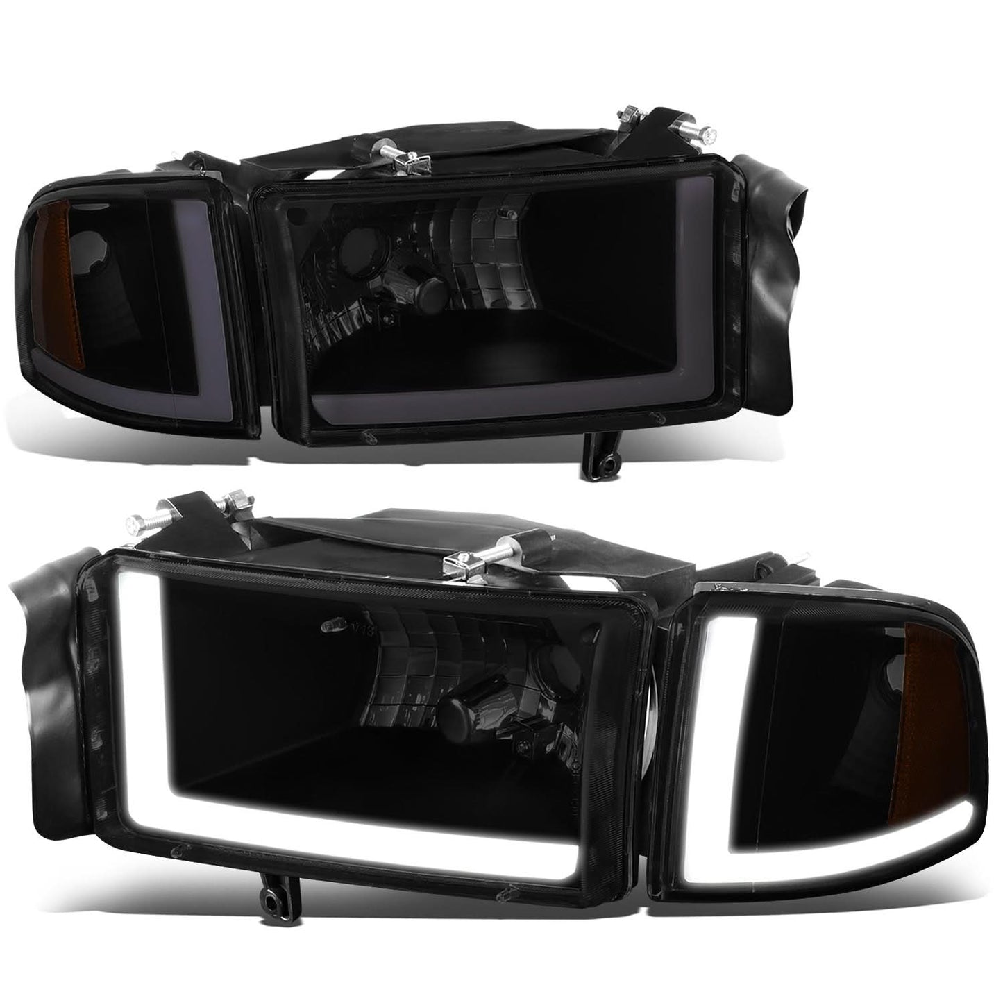 94-02 Dodge Ram LED DRL Headlights Black Housing Smoke Lens