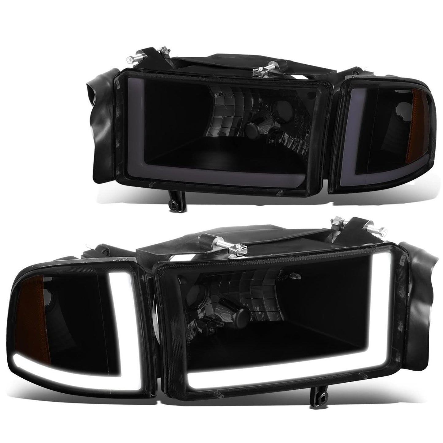 94-02 Dodge Ram LED DRL Headlights Black Housing Smoke Lens