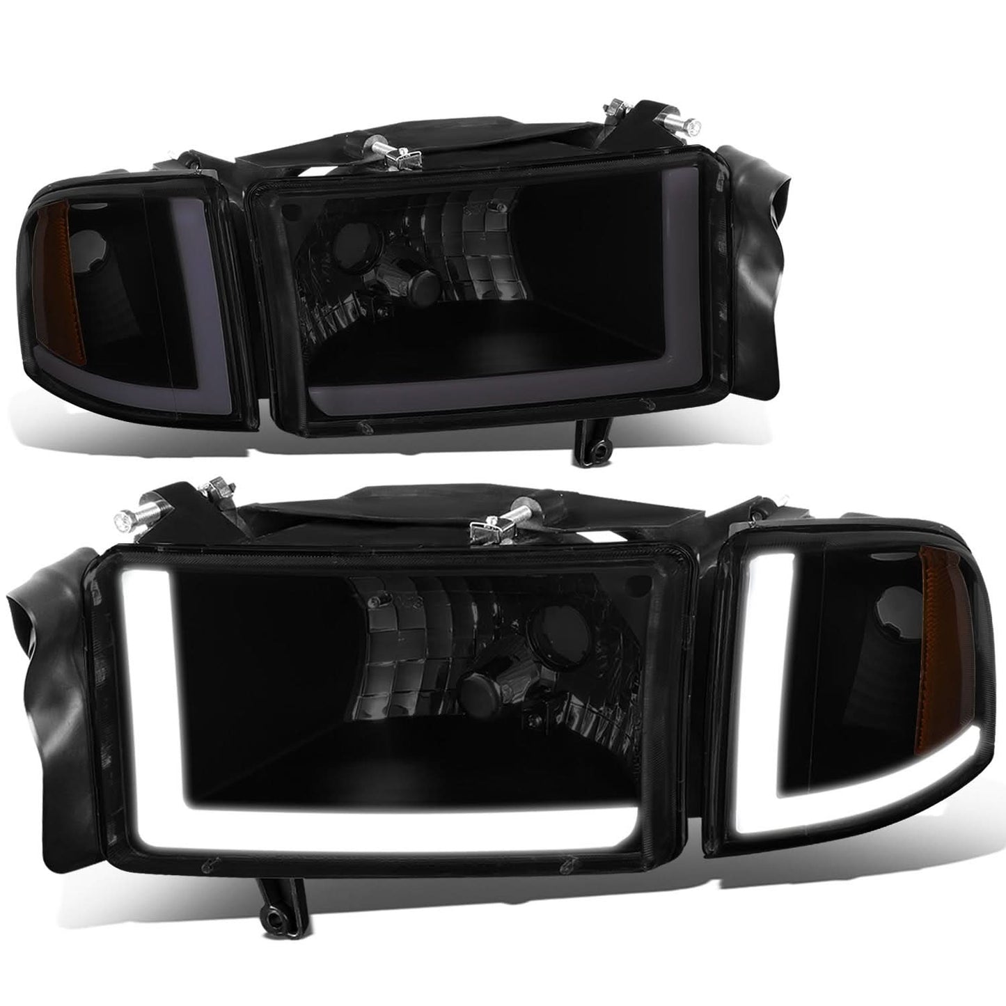 94-02 Dodge Ram LED DRL Headlights Black Housing Smoke Lens