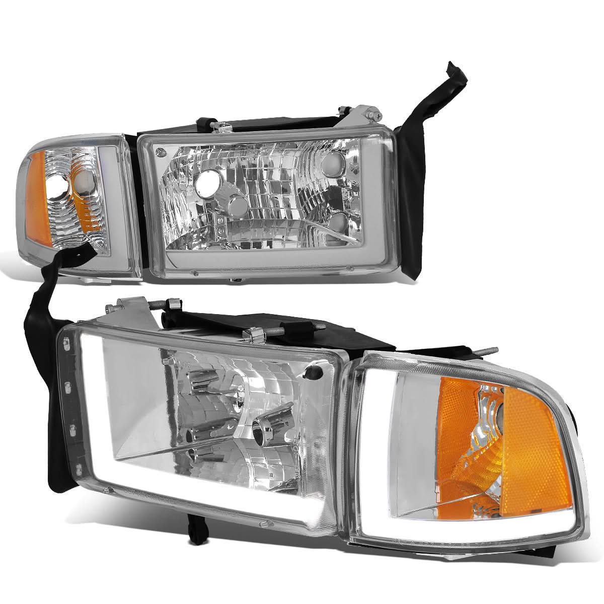 94-02 Dodge Ram LED DRL Headlights Chrome Housing Amber Corner
