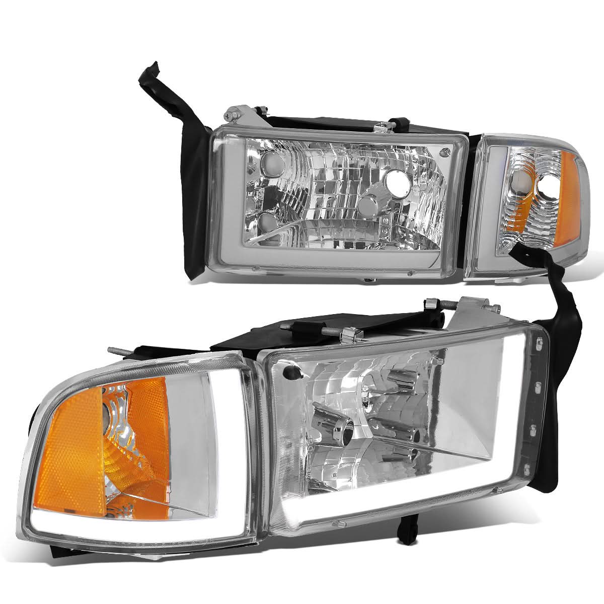 94-02 Dodge Ram LED DRL Headlights Chrome Housing Amber Corner