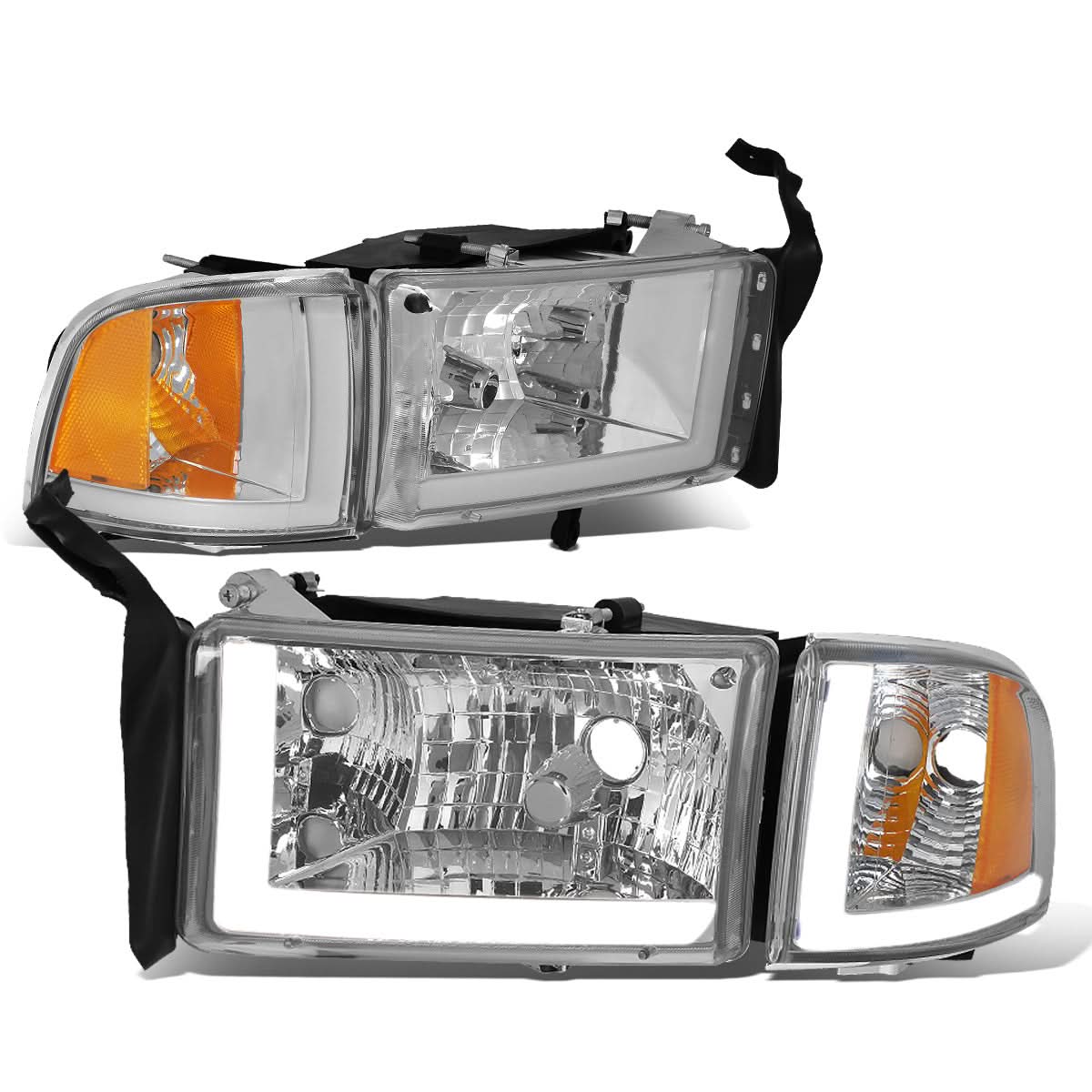 94-02 Dodge Ram LED DRL Headlights Chrome Housing Amber Corner