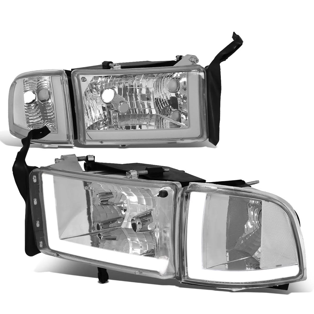 94-02 Dodge Ram LED DRL Headlights Chrome Housing Clear Corner