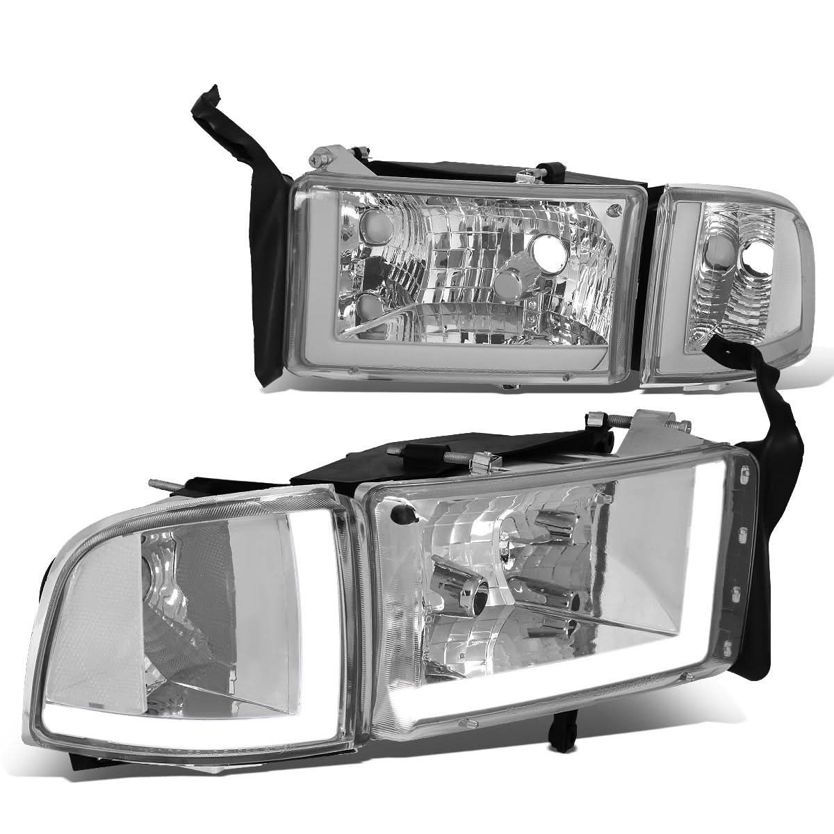 94-02 Dodge Ram LED DRL Headlights Chrome Housing Clear Corner