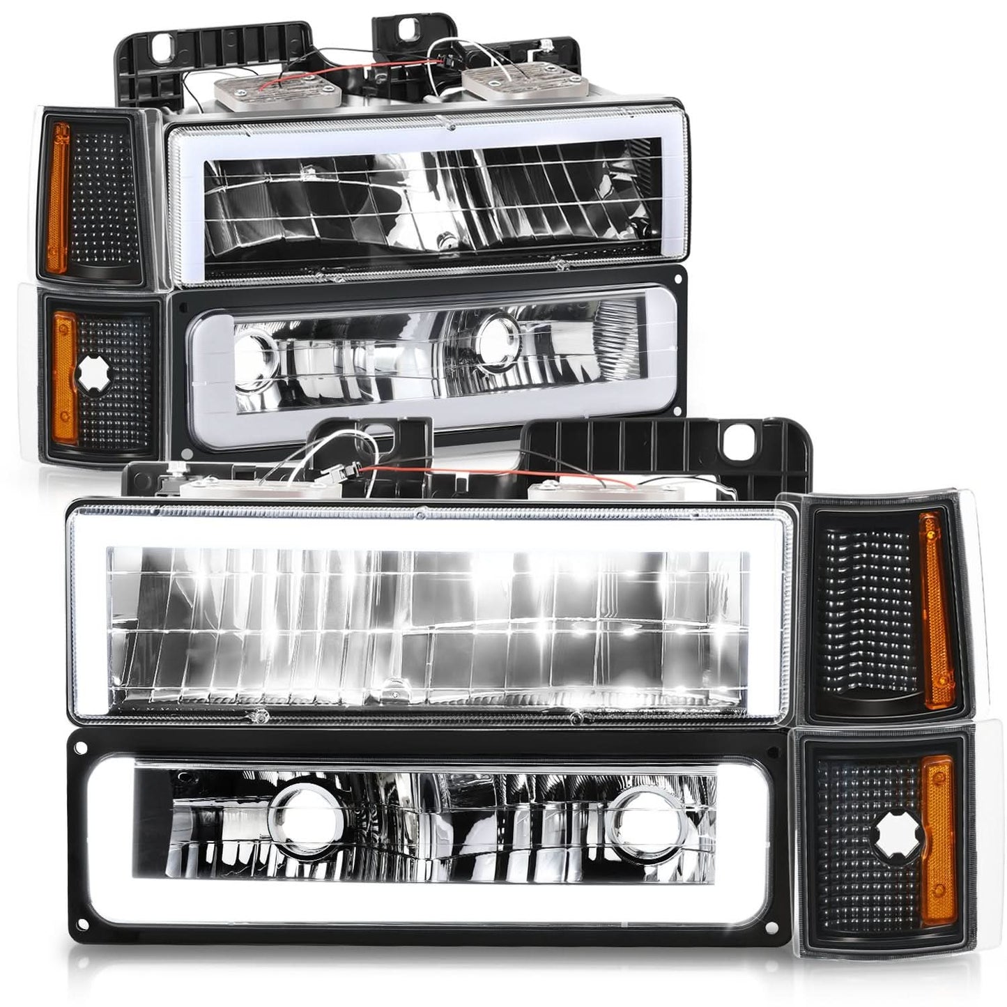 Clear Lens Amber Reflector Black Housing LED Bar Headlights 8PCS