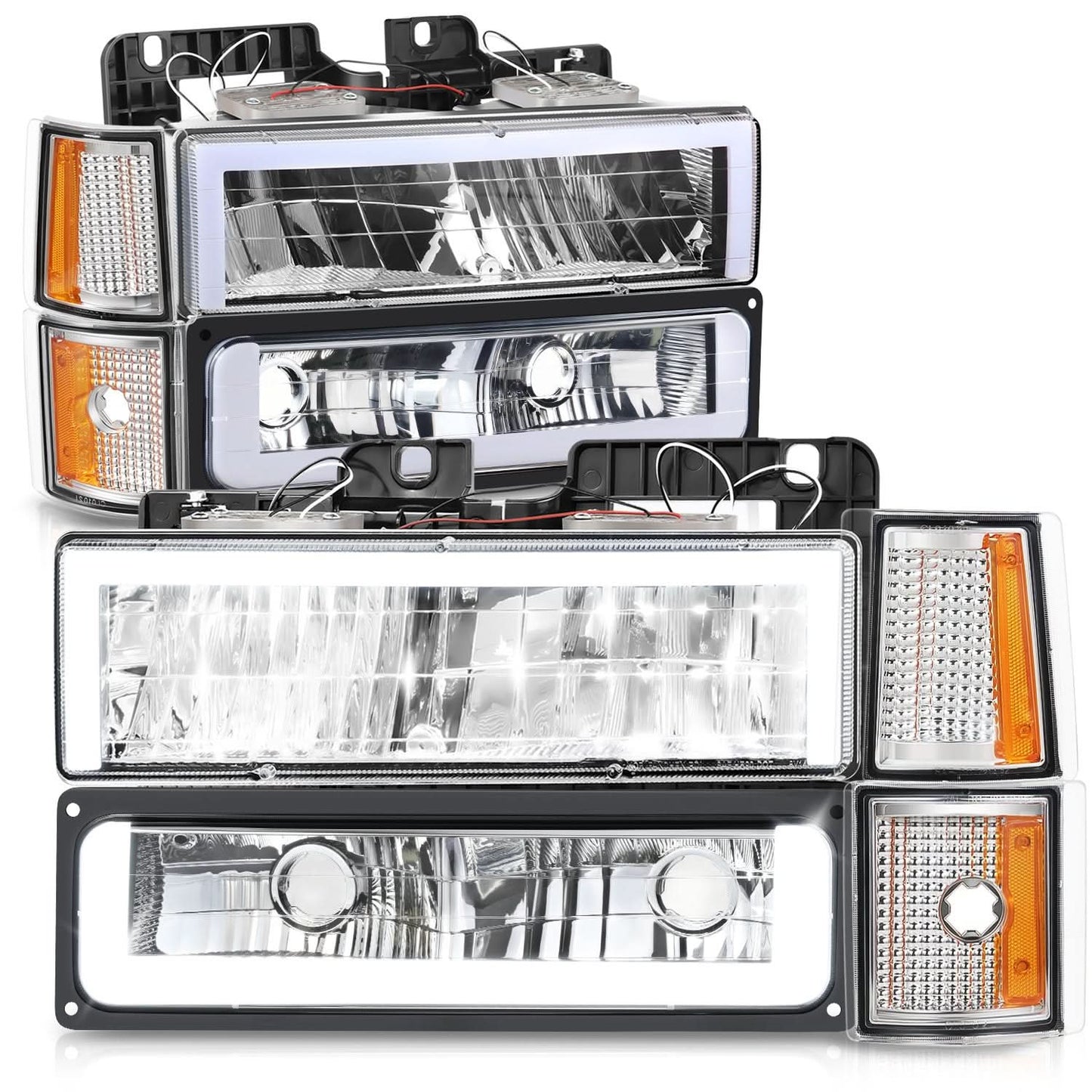Clear Lens Amber Reflector Chrome Housing LED Bar Headlights 8PCS
