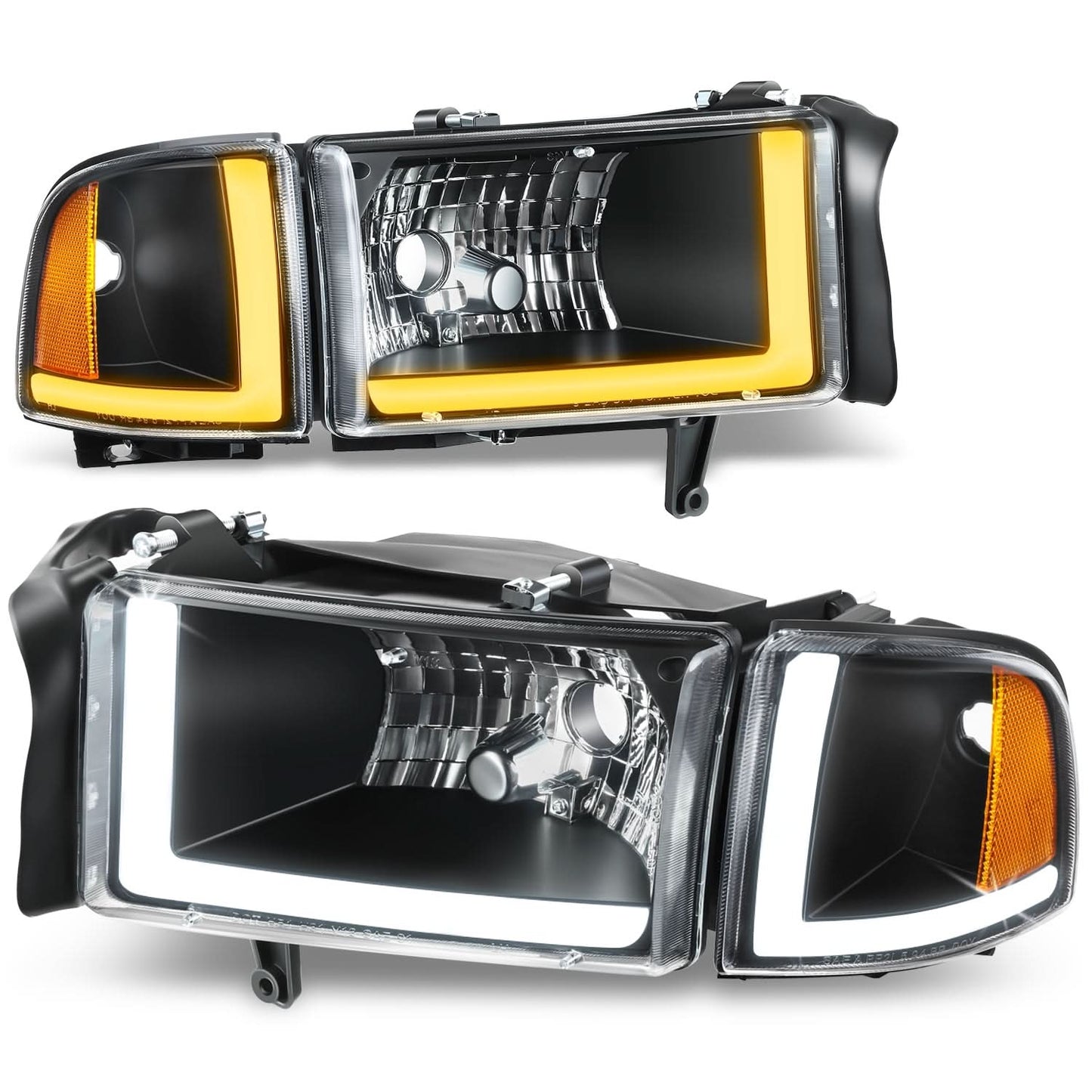 Clear Lens Amber Reflector Black Housing LED Bar Headlights 4-Piece