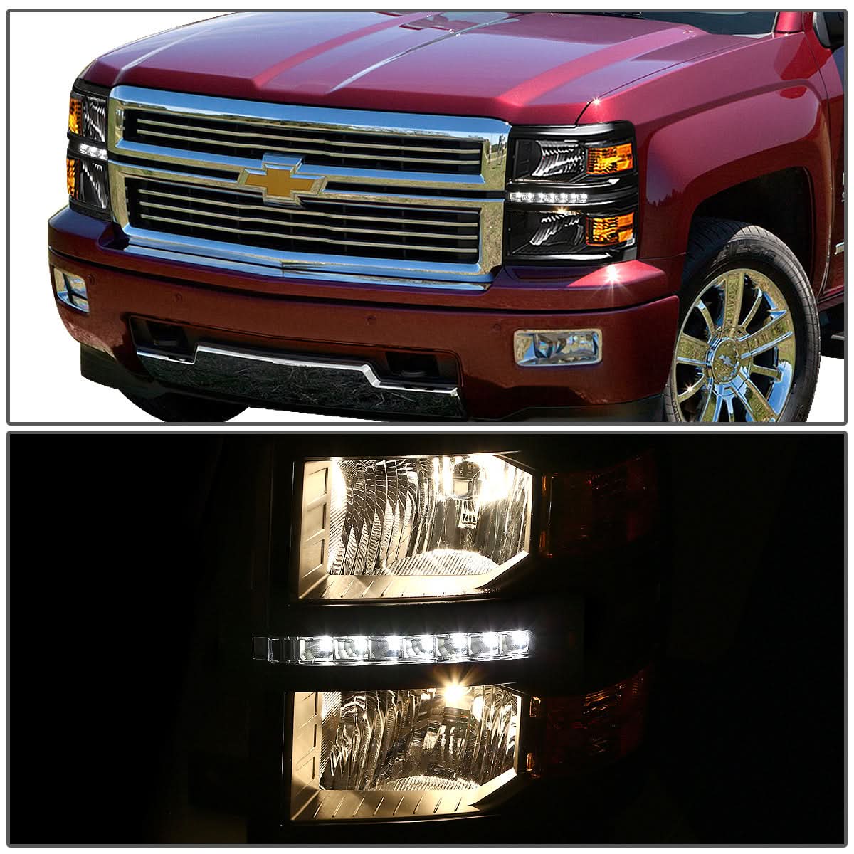 14-15 Chevy Silverado LED DRL Headlights Black Housing Amber Corner