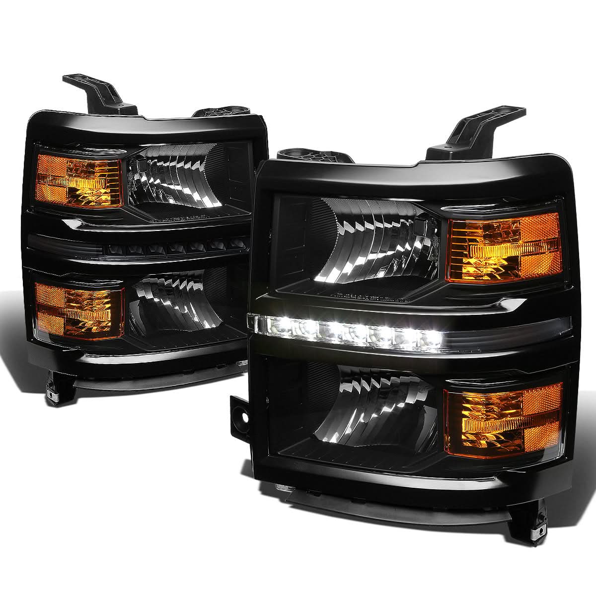 14-15 Chevy Silverado LED DRL Headlights Black Housing Amber Corner