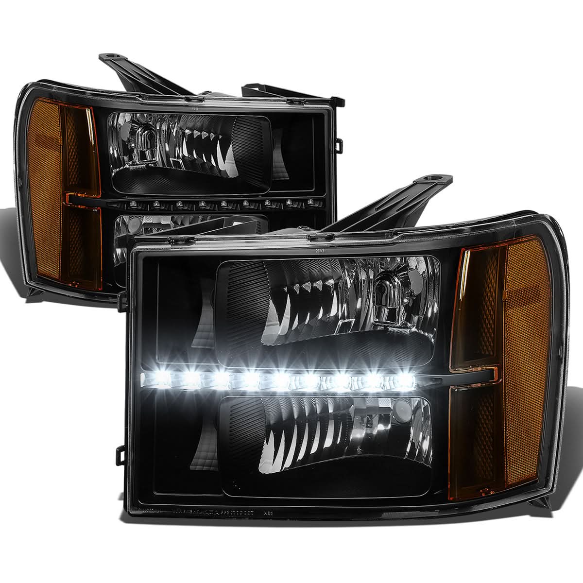 2007-2014 GMC Sierra LED DRL Headlights Black Housing Amber Corner