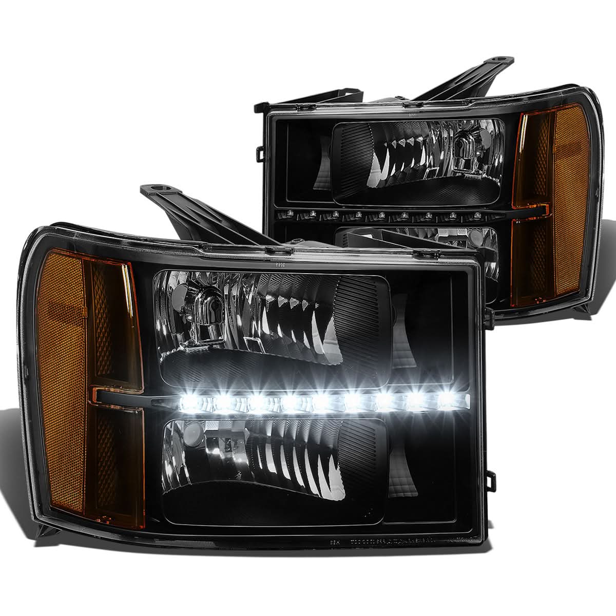 2007-2014 GMC Sierra LED DRL Headlights Black Housing Amber Corner