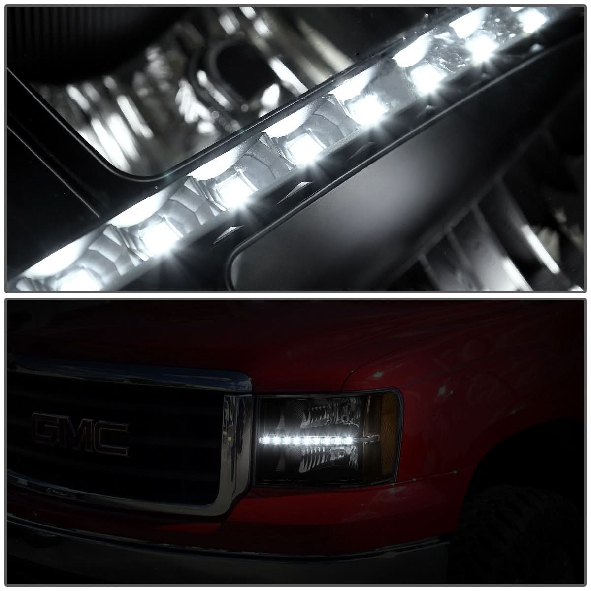 2007-2014 GMC Sierra LED DRL Headlights Black Housing Amber Corner