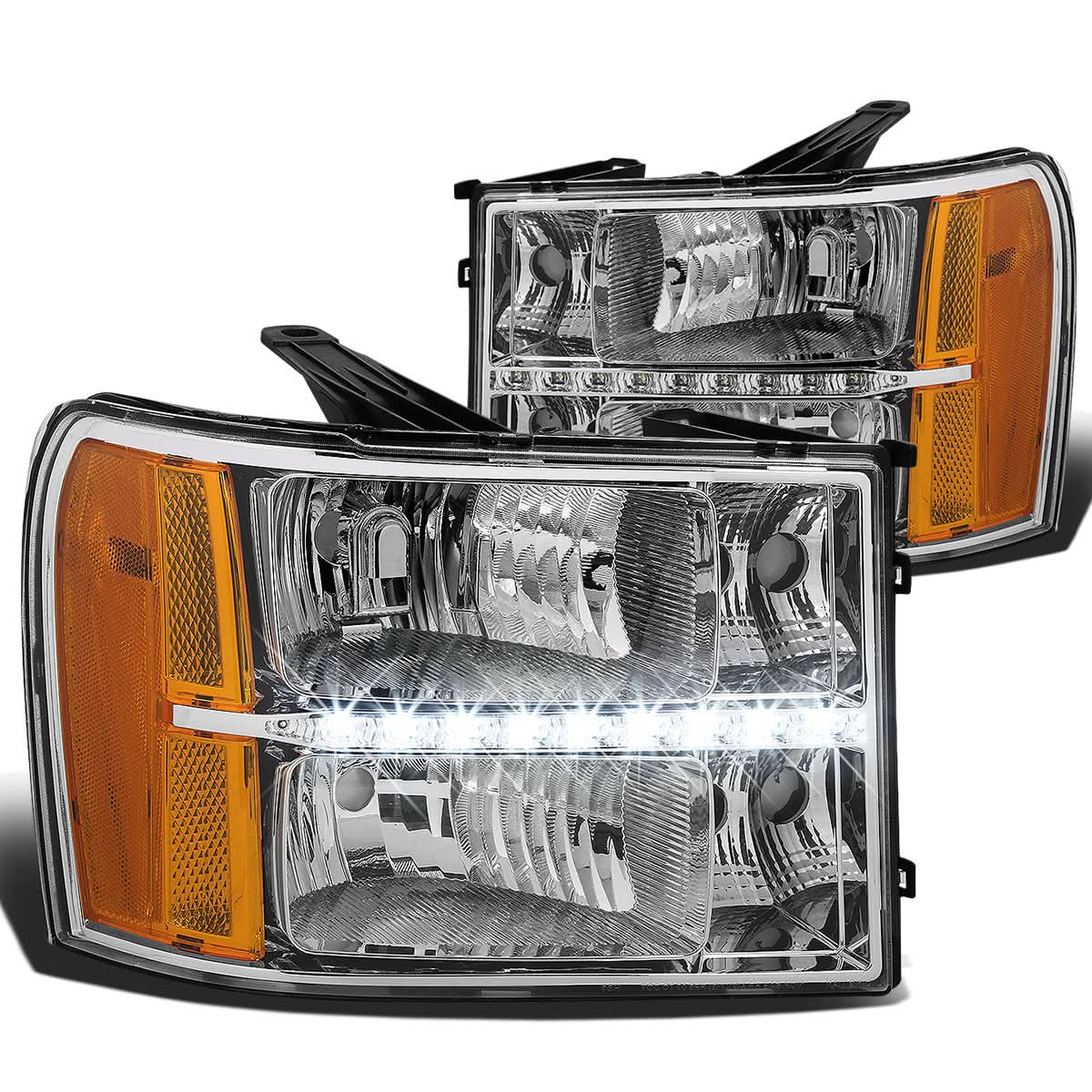 2007-2014 GMC Sierra LED DRL Headlights Chrome Housing Amber Corner