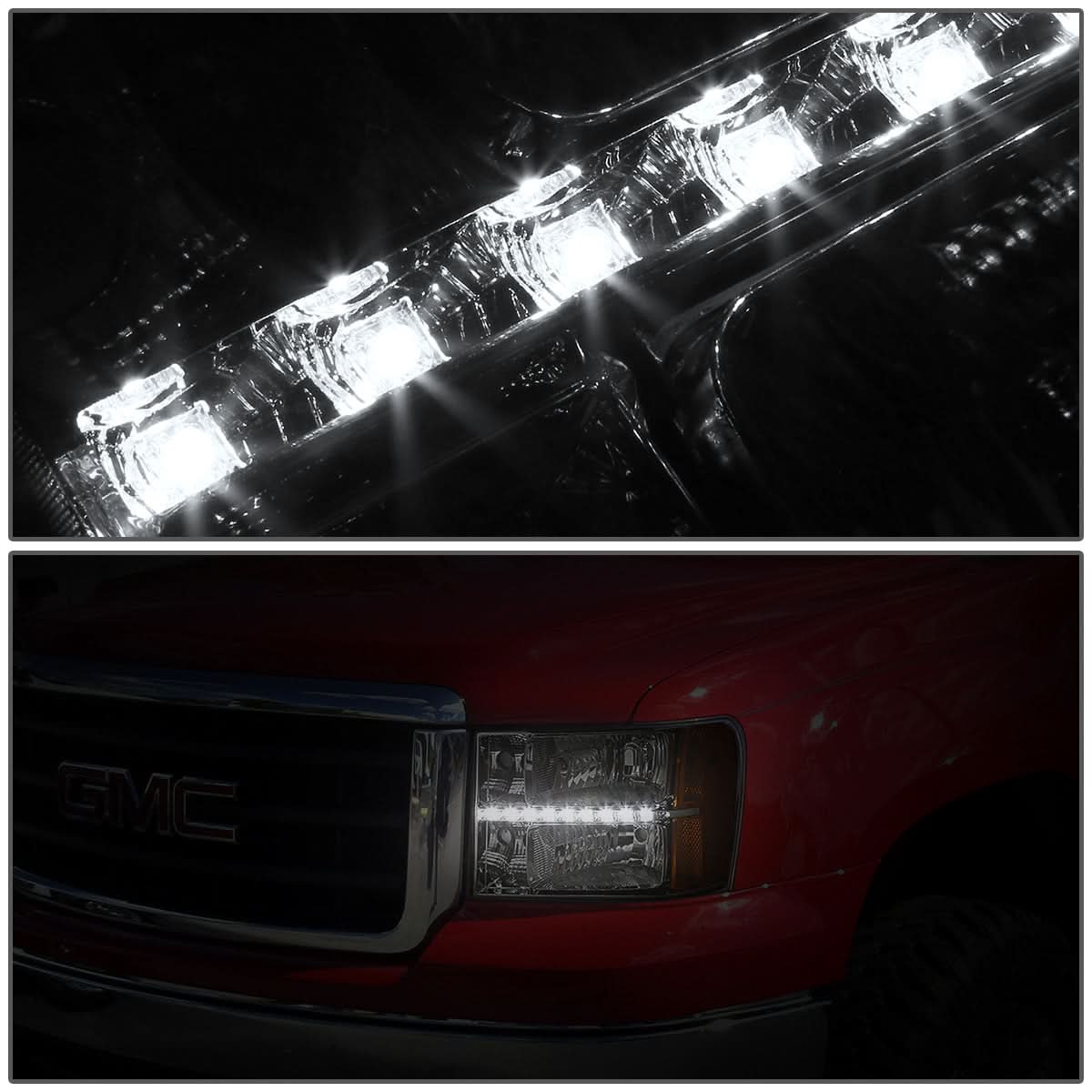 2007-2014 GMC Sierra LED DRL Headlights Chrome Housing Amber Corner